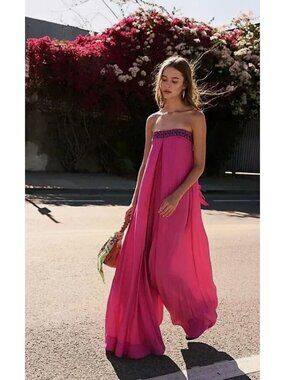 Free People Solid Serendipity Jumpsuit in Raspberry Size XS Embroidered 70s